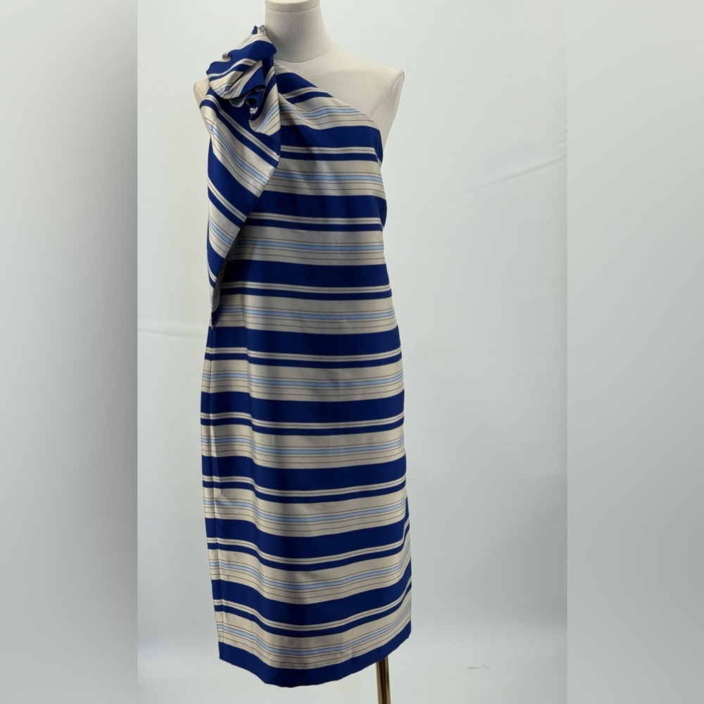 Banana Republic One Shoulder Striped Blue/Ivory With Bow Knee Length Dress SZ 16 - Picture 2 of 16